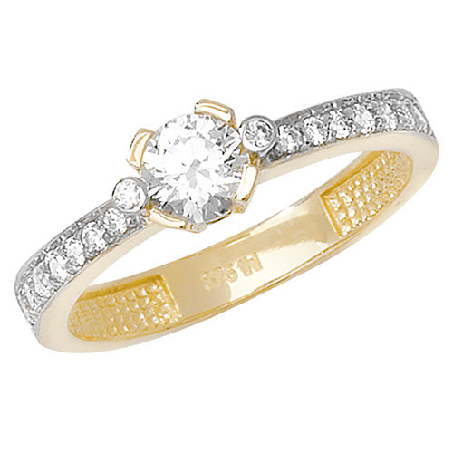 9CT GOLD SOLITAIRE CZ WITH PAVE SET SHOULDERS RING