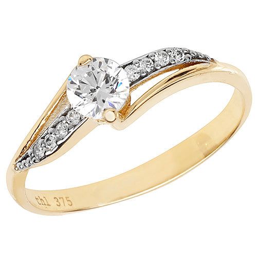9CT GOLD SOLITAIRE CZ PAVE SET TWIST SHOULDERS RING