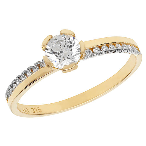 9CT GOLD SOLITAIRE CZ PAVE SET SHOULDERS RING