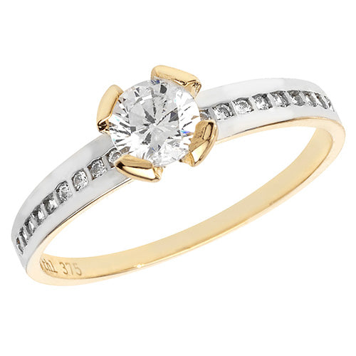 9CT GOLD SOLITAIRE CZ CHANNEL SET SHOULDERS 2 TONE RING