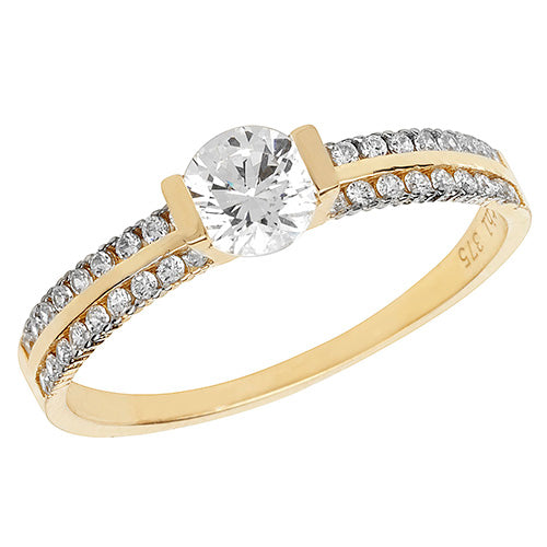 9CT GOLD SOLITAIRE CZ 2 ROW CHANNEL SET SHOULDERS RING