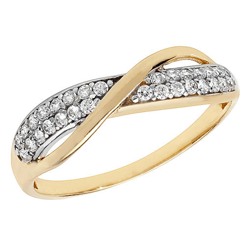 9CT GOLD 2 ROW PAVE SET CZ CROSSOVER RING