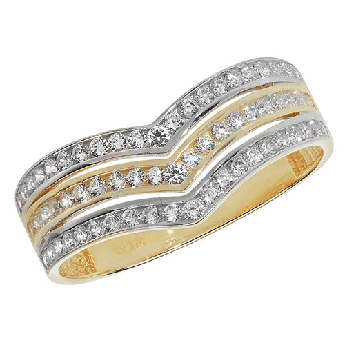 9CT GOLD 3 ROW CZ SET WISHBONE RING