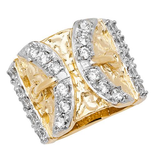9CT GOLD GENTS' CZ DOUBLE BUCKLE RING