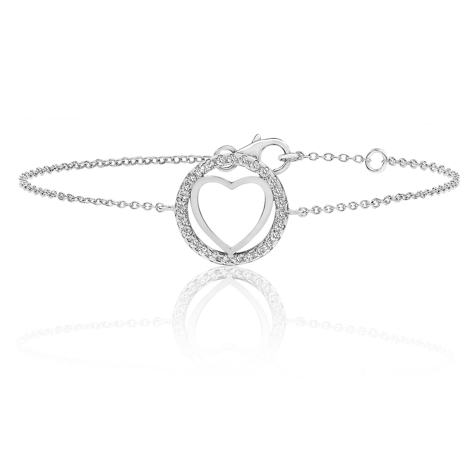 SILVER PLAIN HEART WITHIN ROUND HALO CZ BRACELET