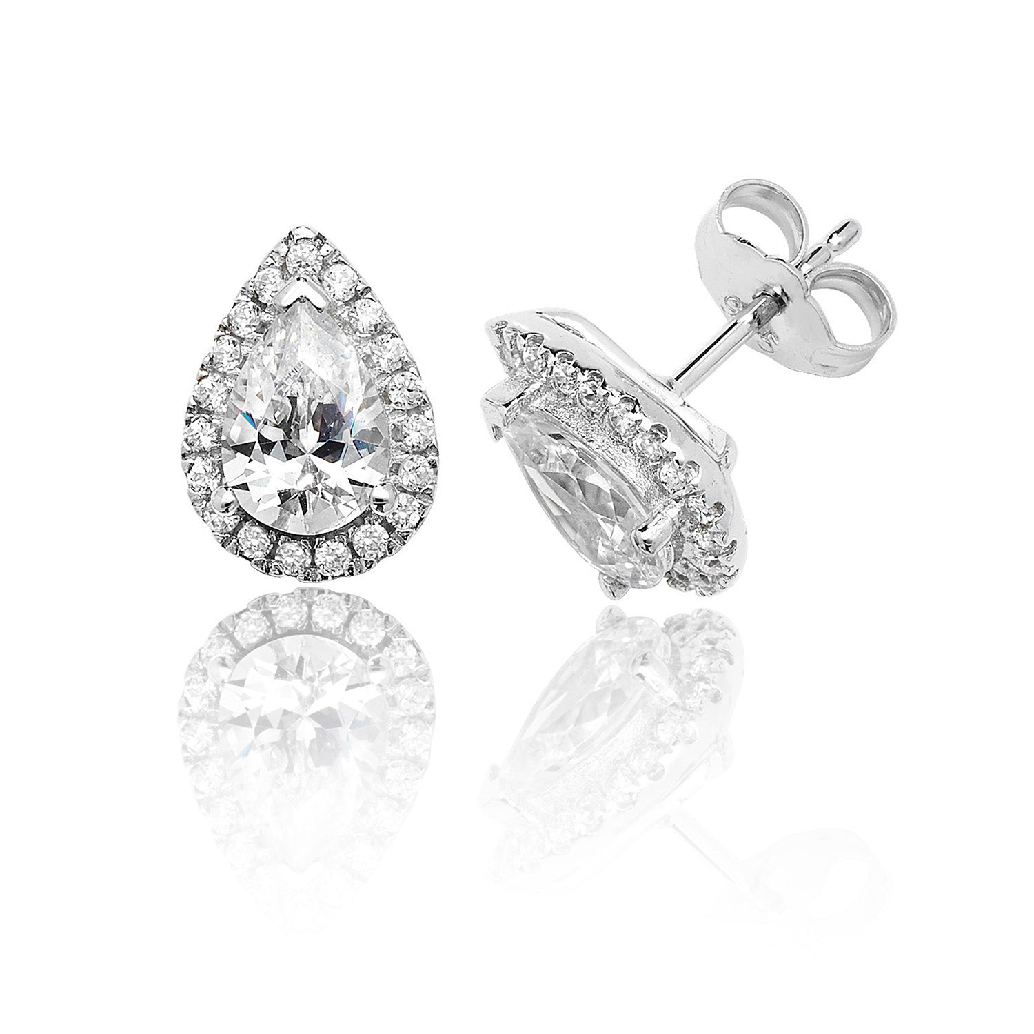 SILVER HALO PEAR SHAPE CZ CLAW SET STUDS