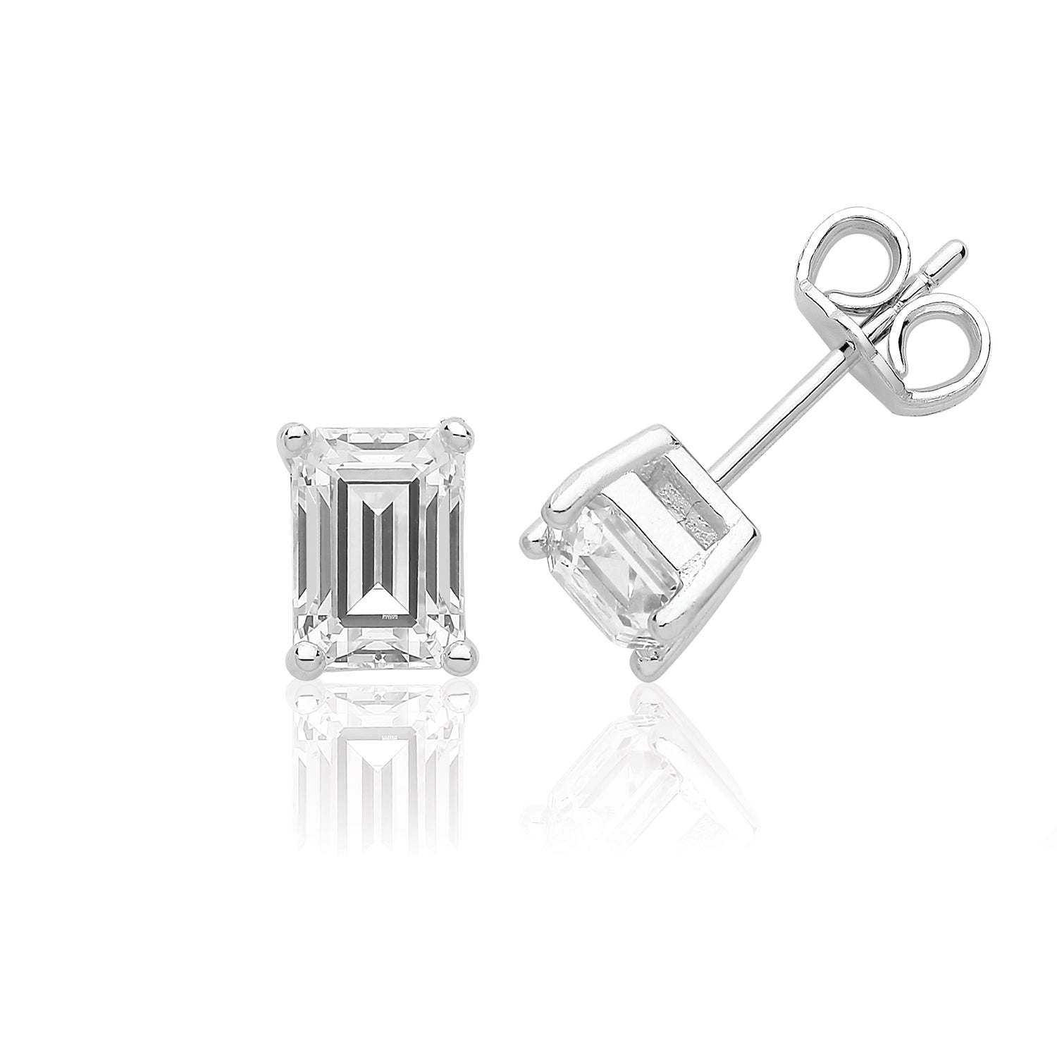 SILVER SINGLE EMERALD CUT CZ CUT CLAW SET STUDS
