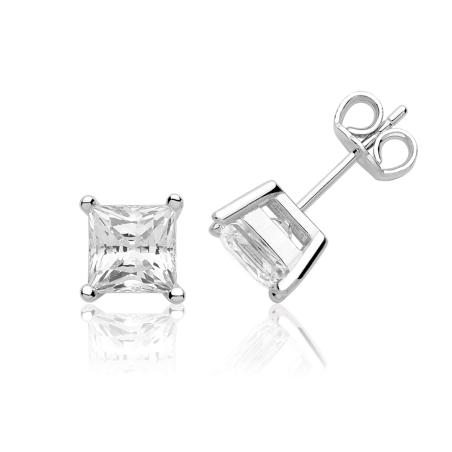 SILVER SINGLE PRINCESS CUT CZ CLAW SET STUDS