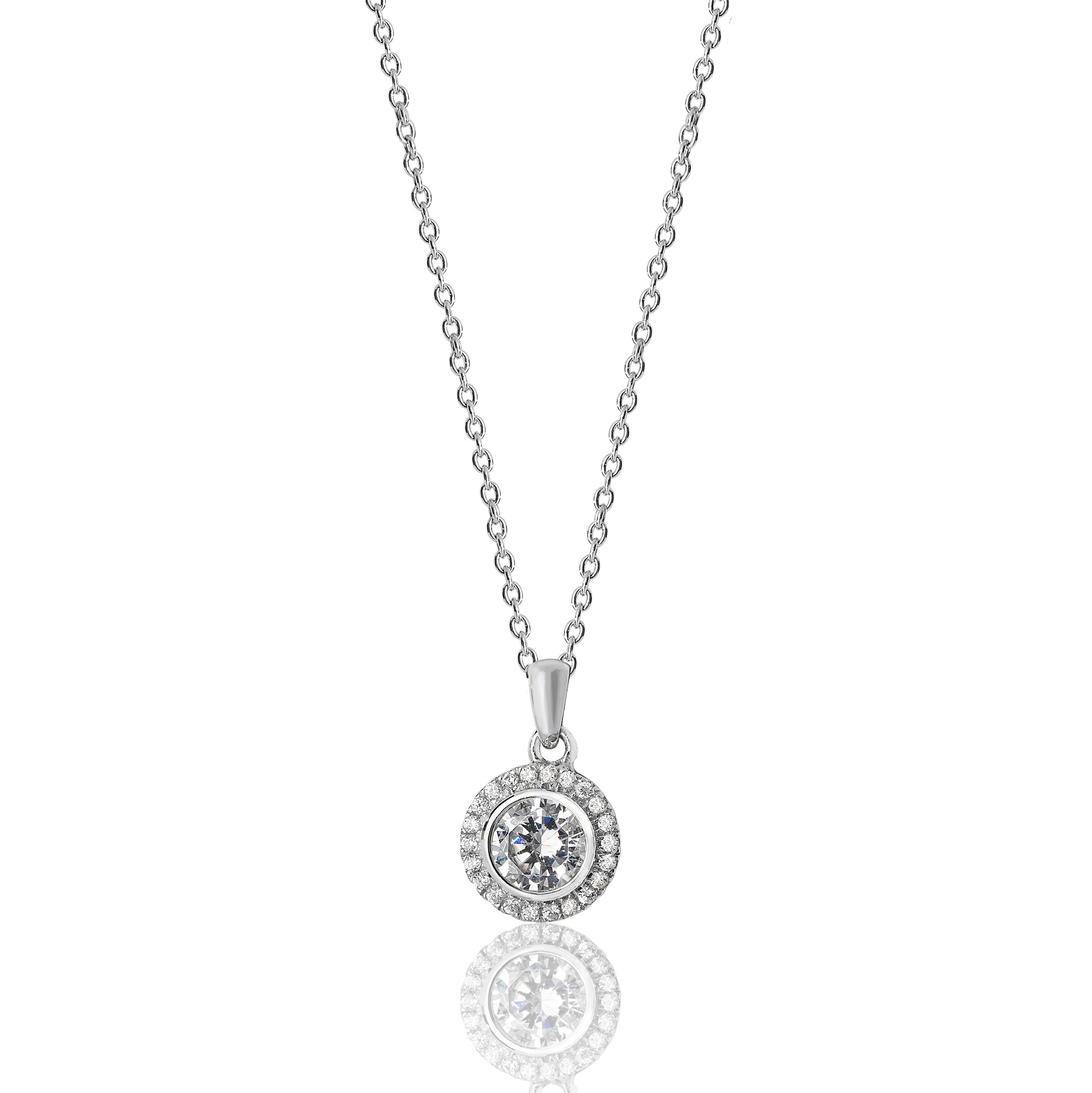 SILVER HALO ROUND CZ BEZEL SET PENDANDT AND CHAIN