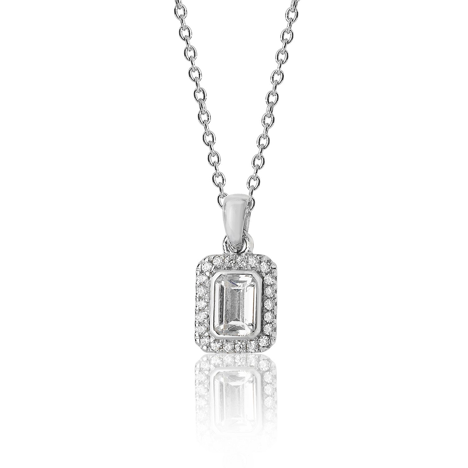 SILVER HALO EMERALD CUT CZ BEZEL SET PENDANT AND CHAIN