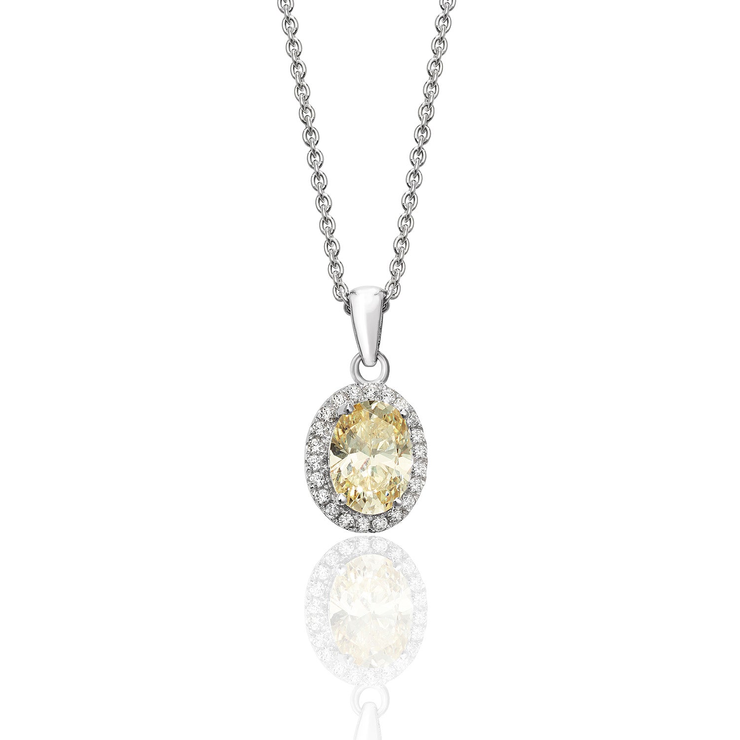 SILVER HALO YELLOW OVAL CZ CLAW SET PENDANT AND CHAIN
