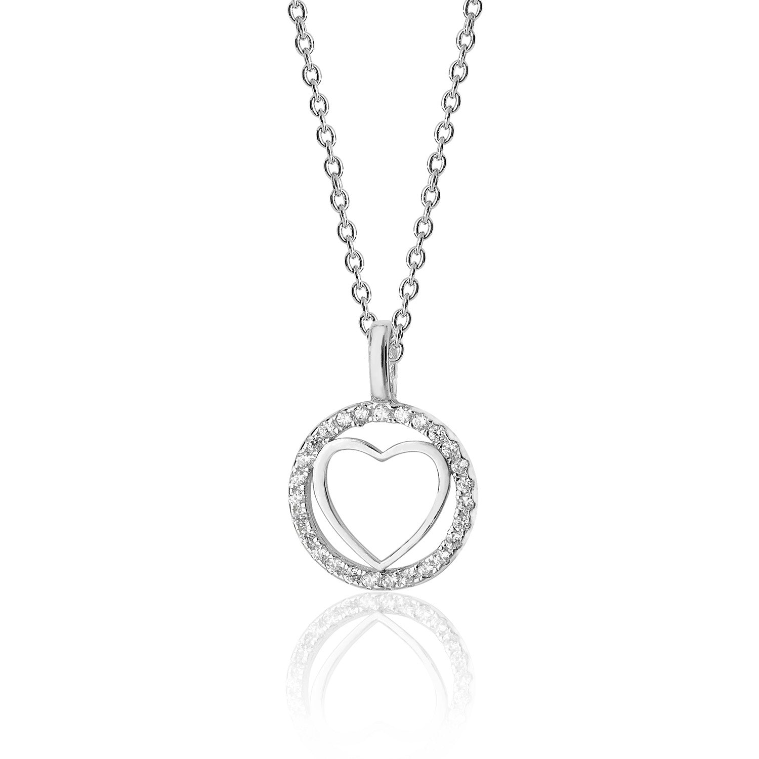 SILVER PLAIN HEART WITHIN ROUND HALO CZ PENDANT AND CHAIN
