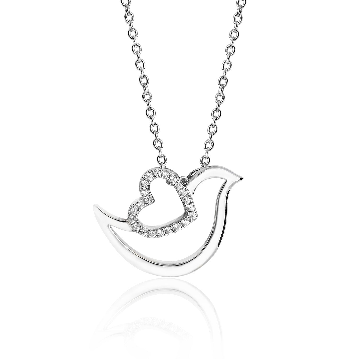 SILVERPAVE SET HEART AND FINE OPEN DOVE PENDANT AND CHAIN