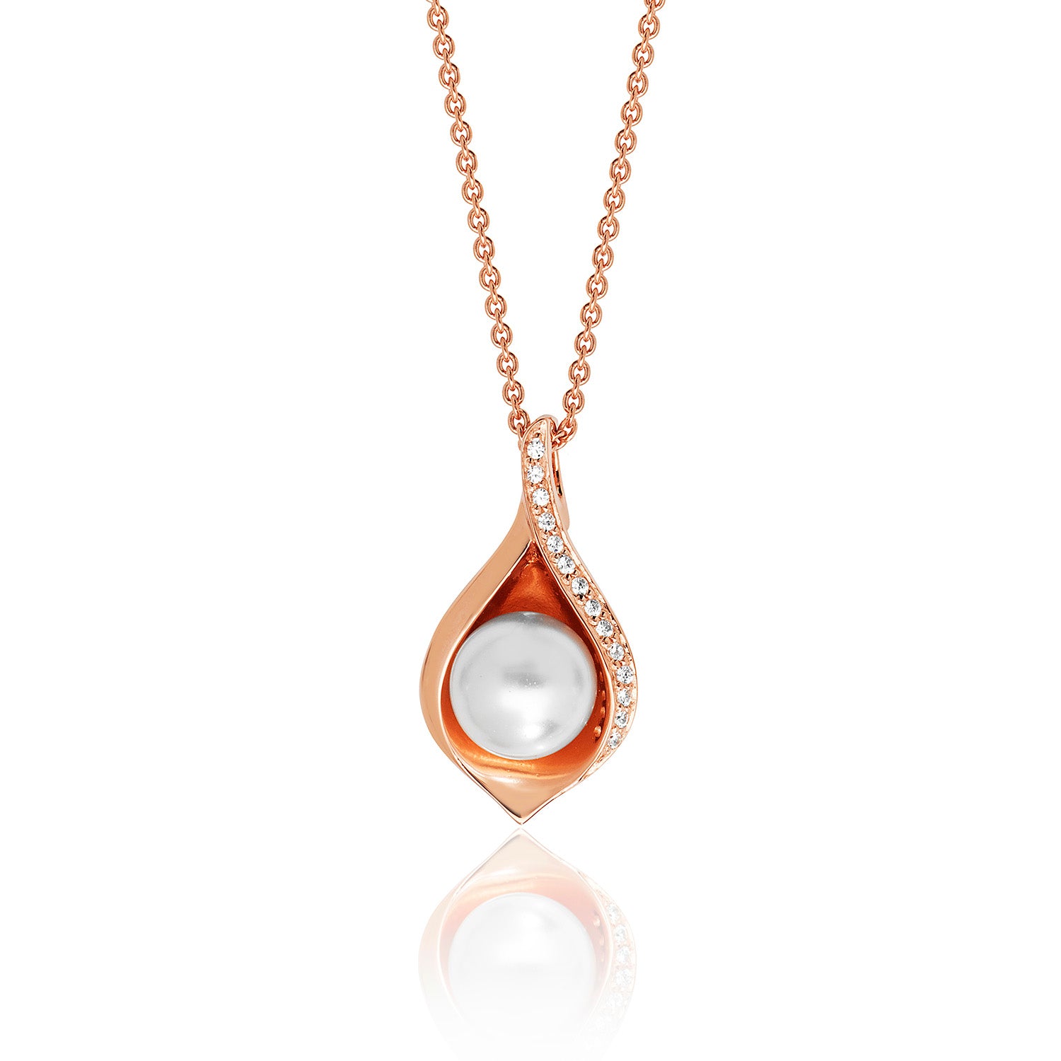 SILVER ROSE GOLD PLATED PAVE SET CZ SHELL AND PEARL PENDANT AND CHAIN