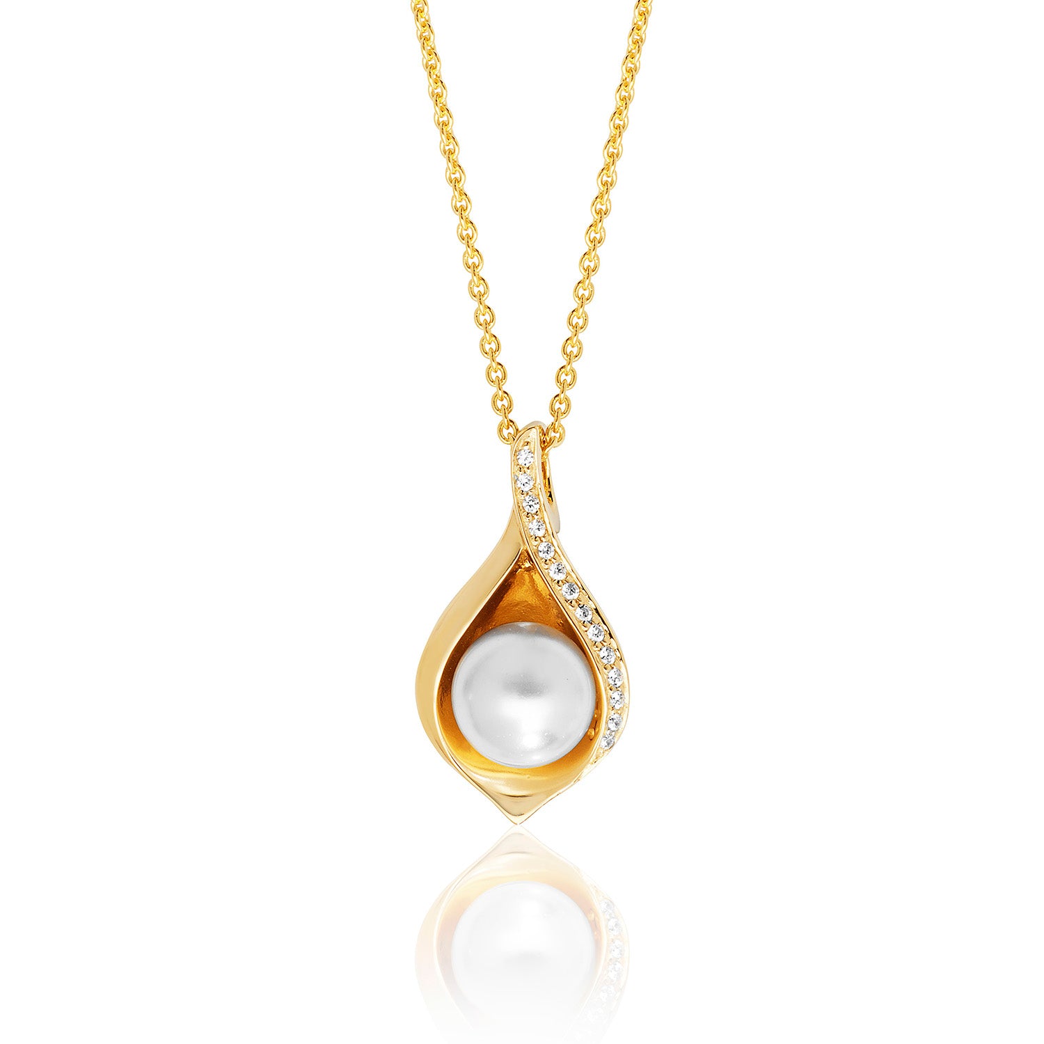 SILVER YELLOW GOLD PLATED PAVE SET CZ SHELL AND PEARL PENDANT AND CHAIN