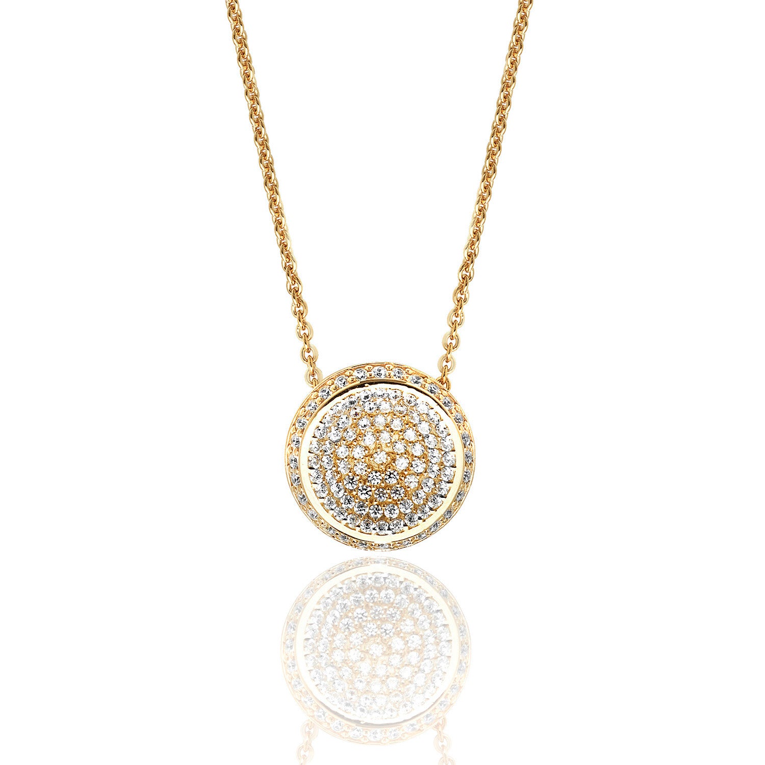 SILVER YELLOW GOLD PLATED PAVE SET CZ ROUND PENDANT AND CHAIN
