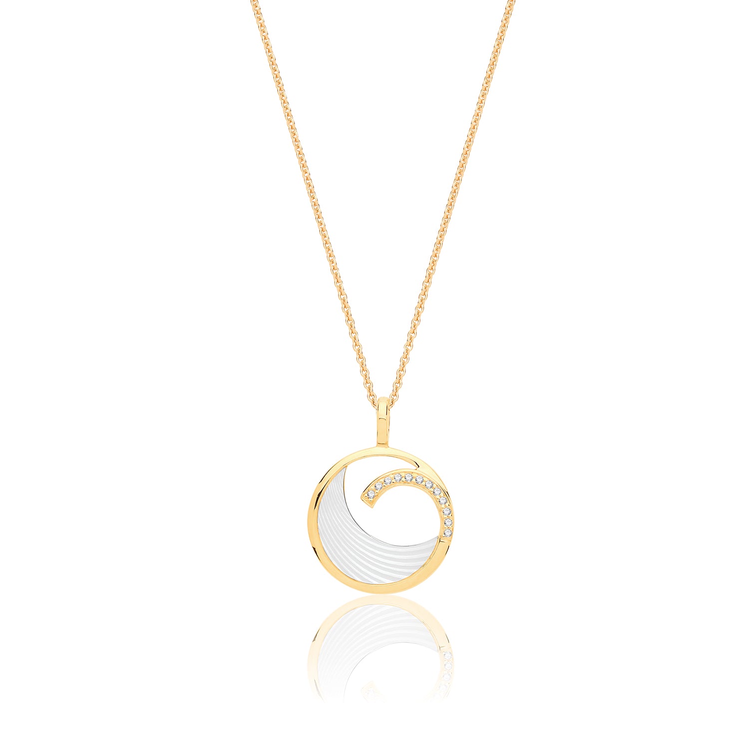 SILVER YELLOW GOLD PLATED MOTHER OF PEARL AND CZ SWIRL PENDANT AND CHAIN