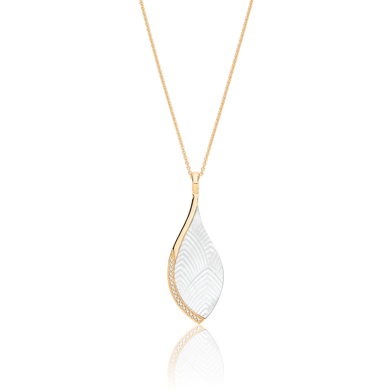 SILVER YELLOW GOLD PLATED MOTHER OF PEARL AND PAVE SET CZ PEAR SHAPE PENDANT AND CHAIN