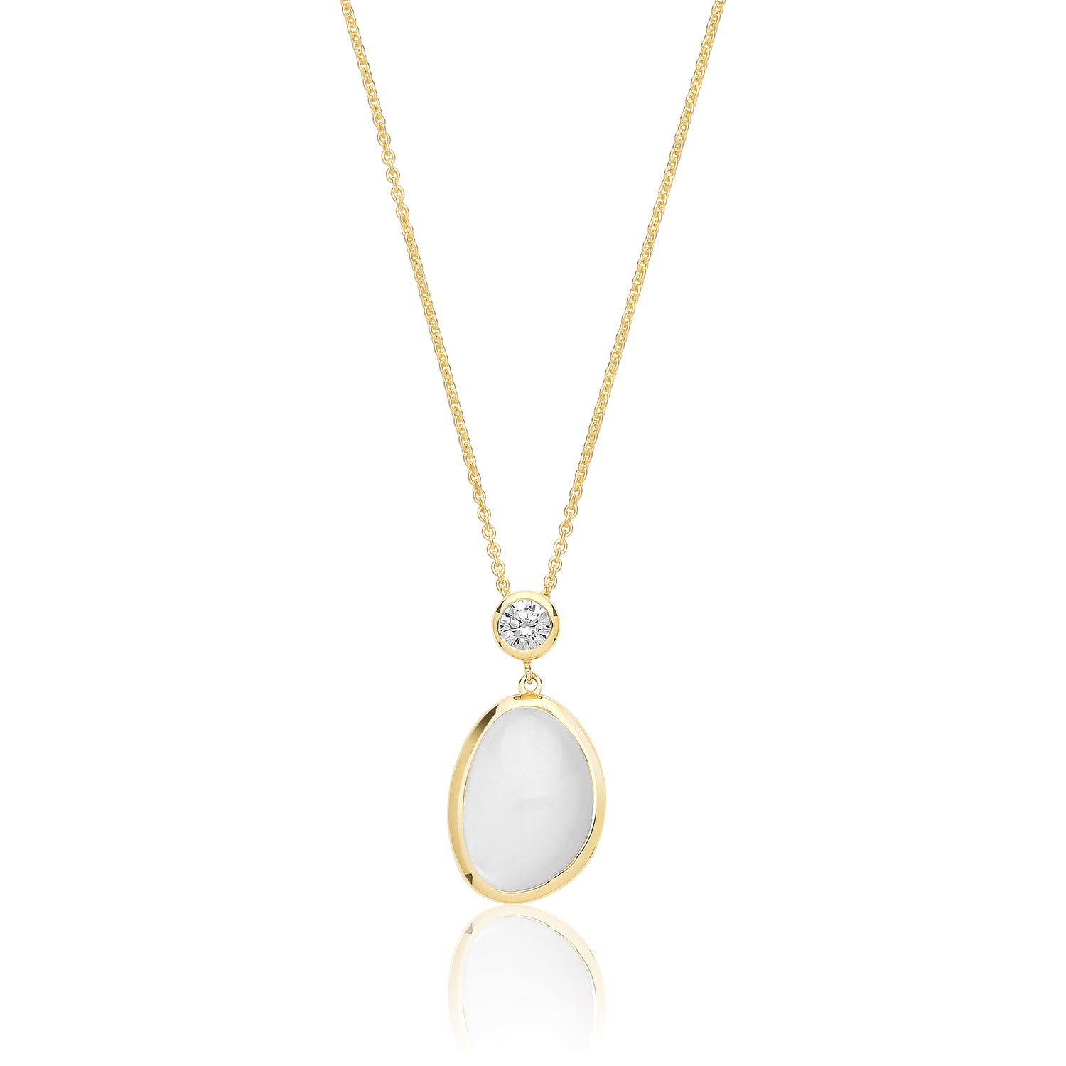 SILVER YELLOW GOLD PLATED WHITE MOON STONE WITH SINGLE CZ PENDANT AND CHAIN