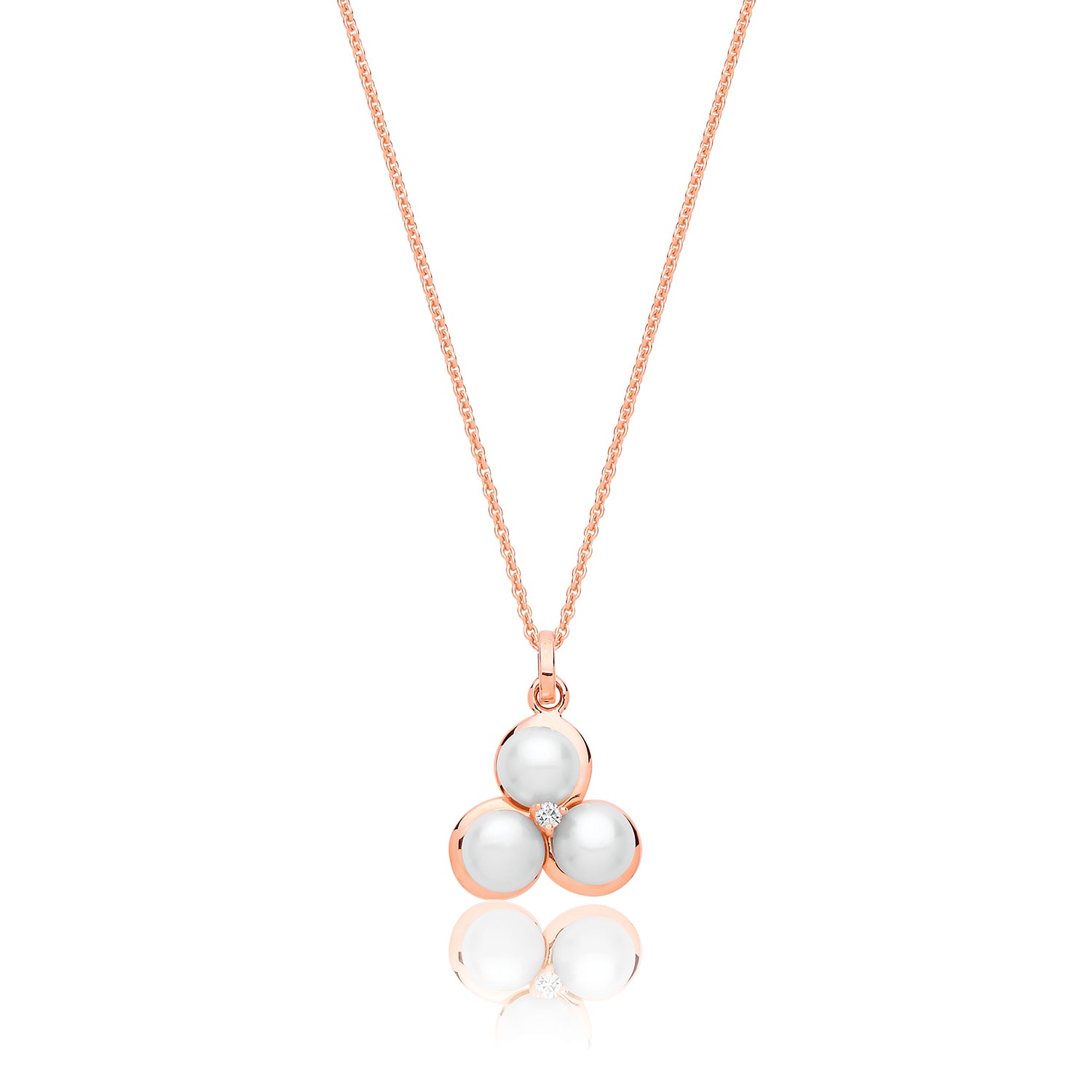 SILVER ROSE GOLD PLATED PEARL AND CZ 3 PETAL FLOWER PENDANT AND CHAIN