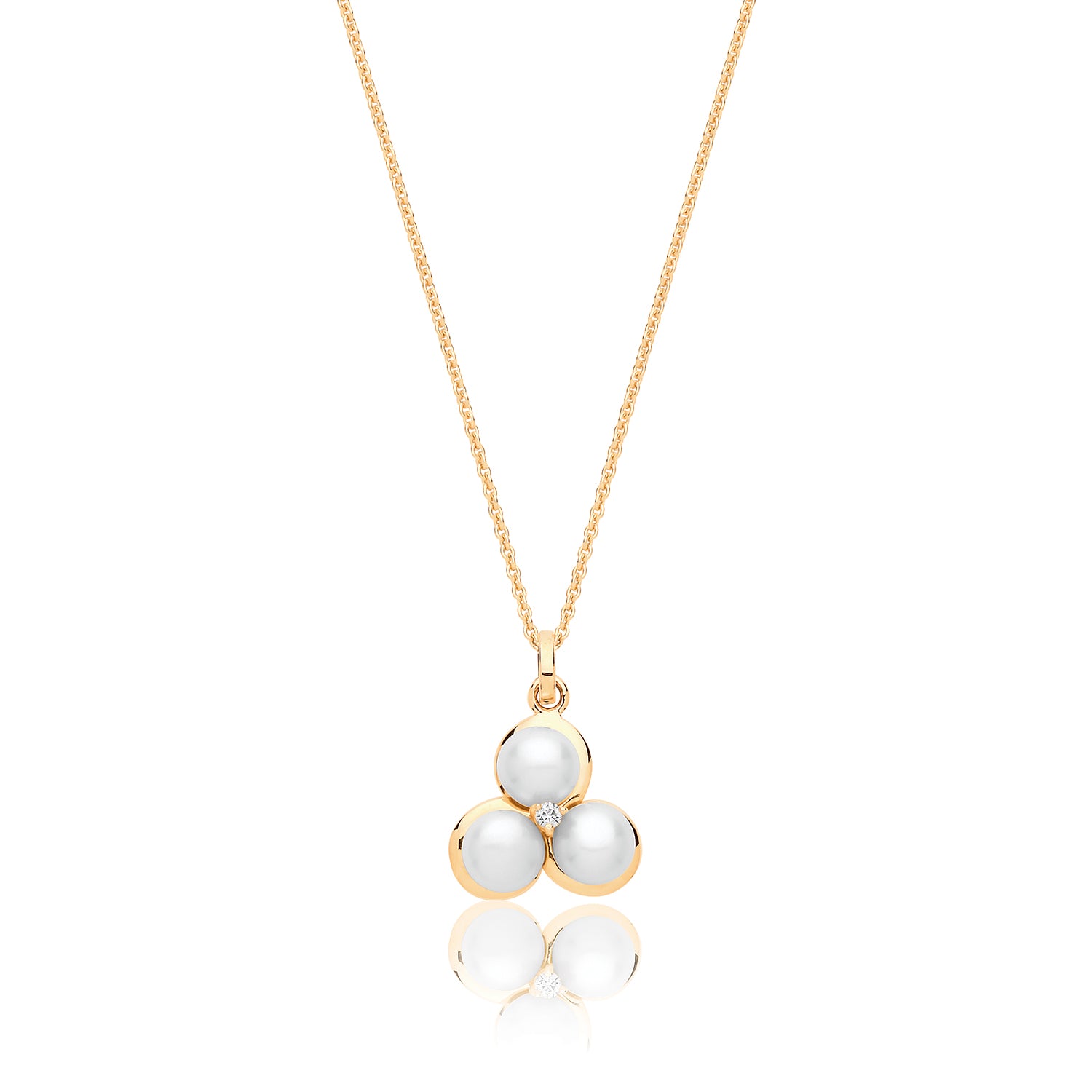 SILVER YELLOW GOLD PLATED PEARL AND CZ 3 PETAL FLOWER PENDANT AND CHAIN