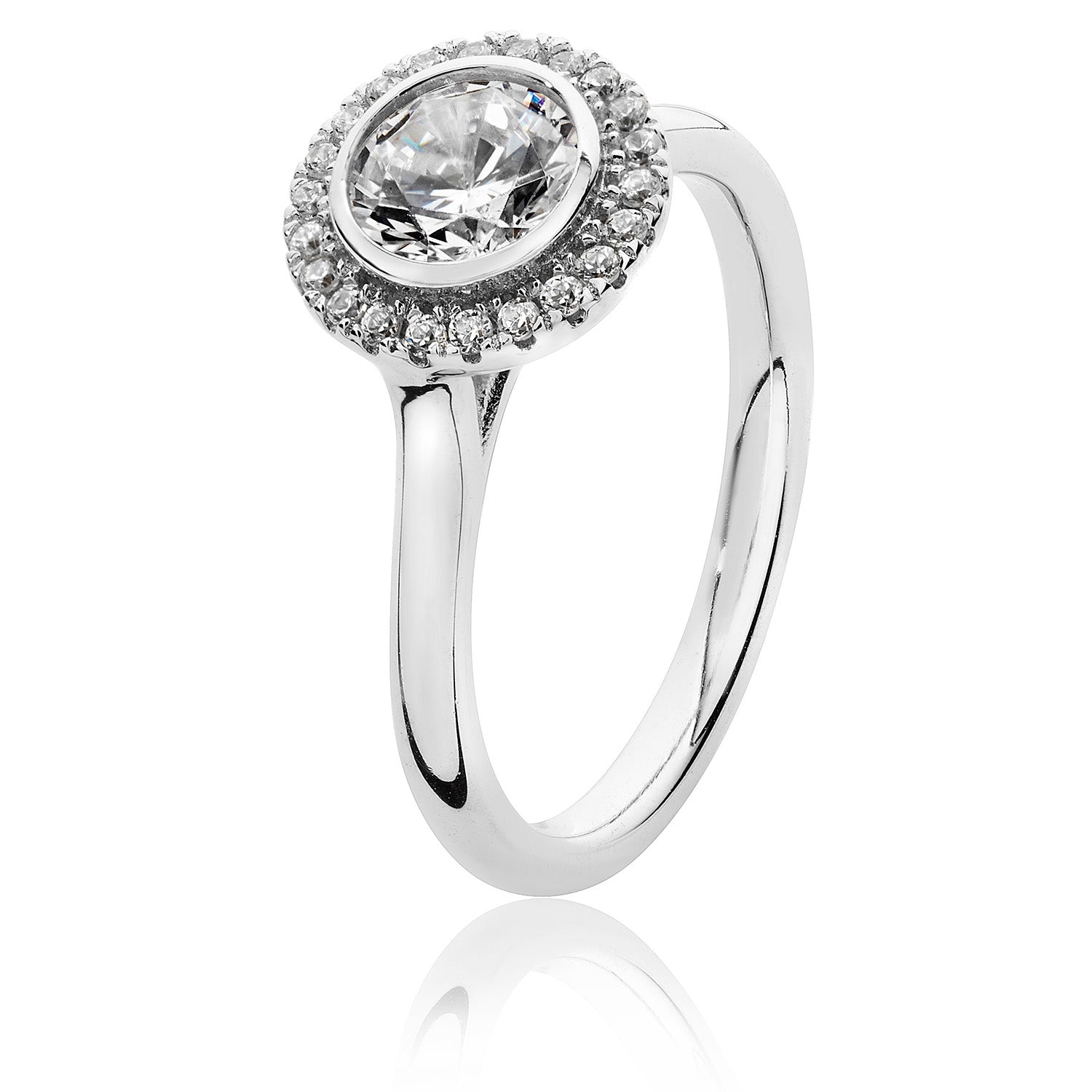 SILVER HALO ROUND BEZEL SET CZ RING