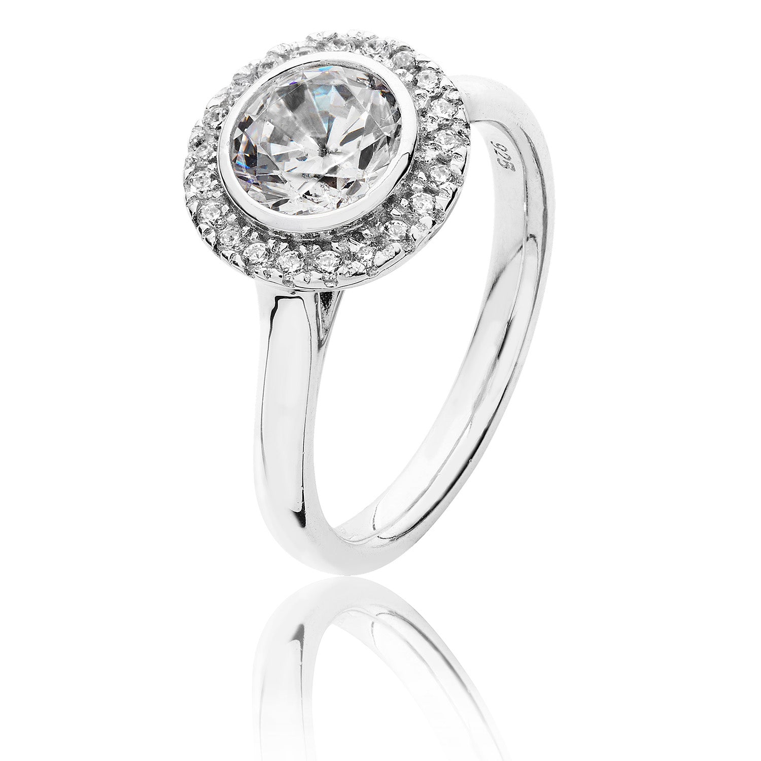 SILVER HALO ROUND BEZEL SET CZ RING