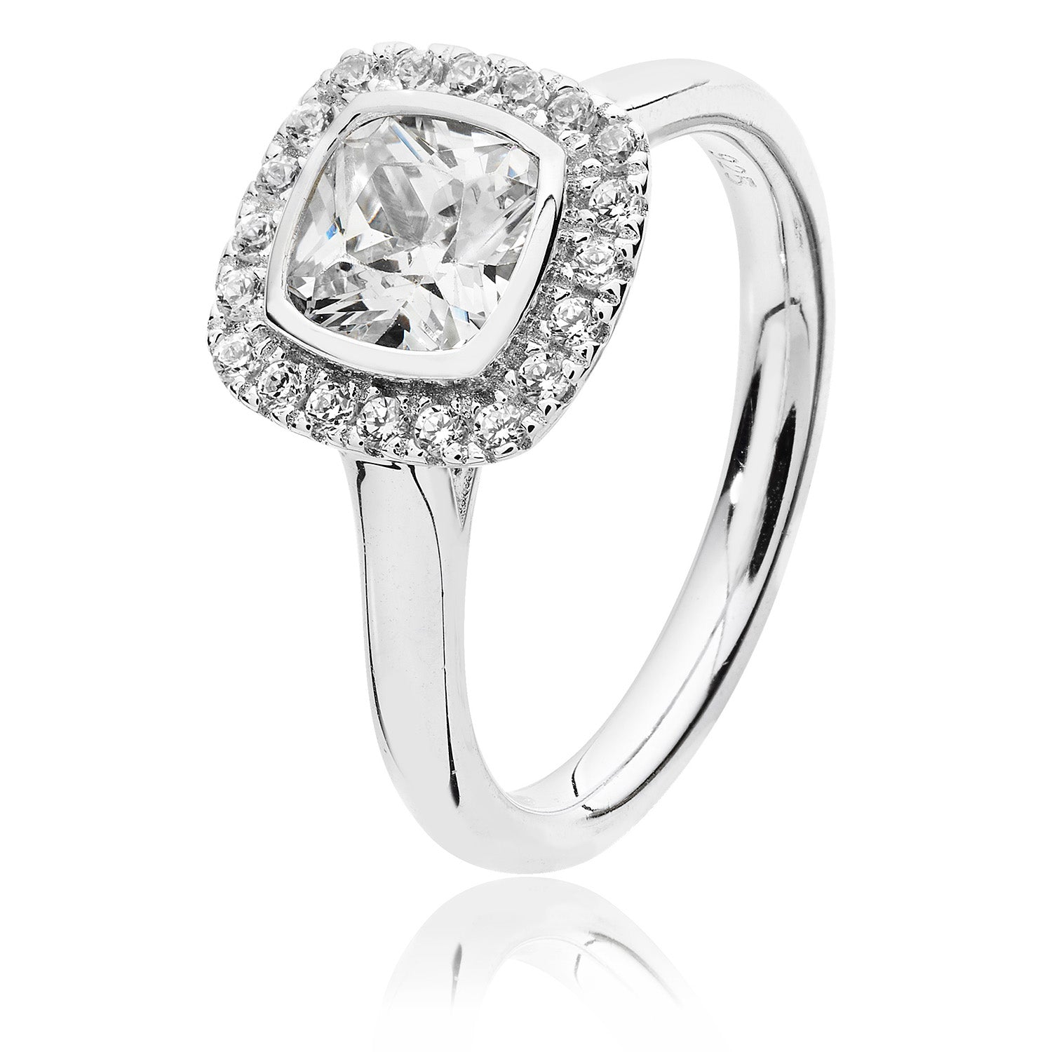 SILVER HALO CUSHION BEZEL SET CZ RING