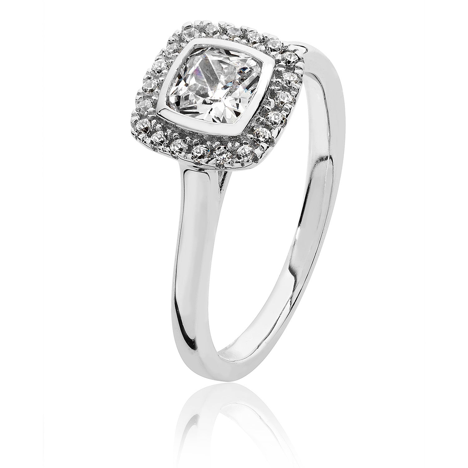 SILVER HALO CUSHION BEZEL SET CZ RING