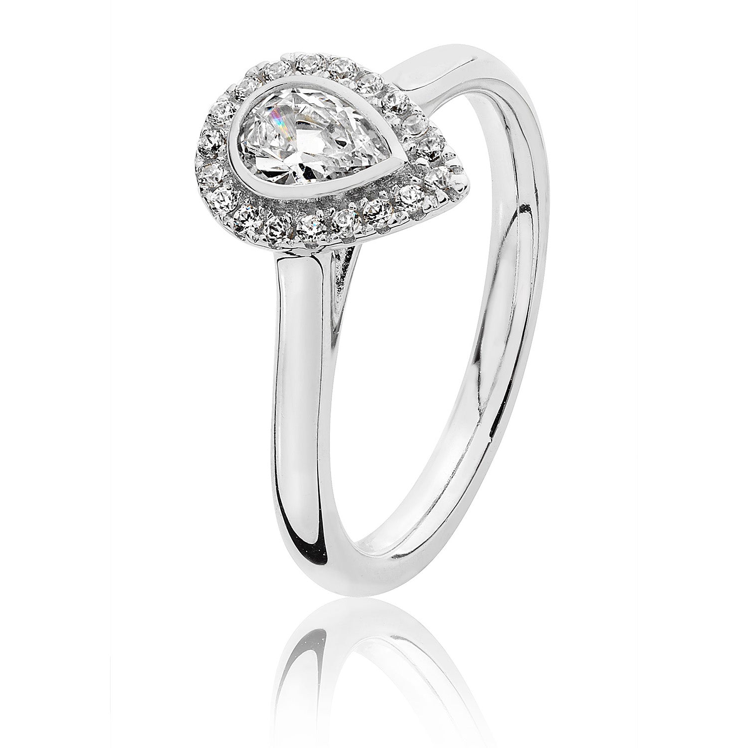 SILVER HALO PEAR SHAPE CZ CLAW SET RING