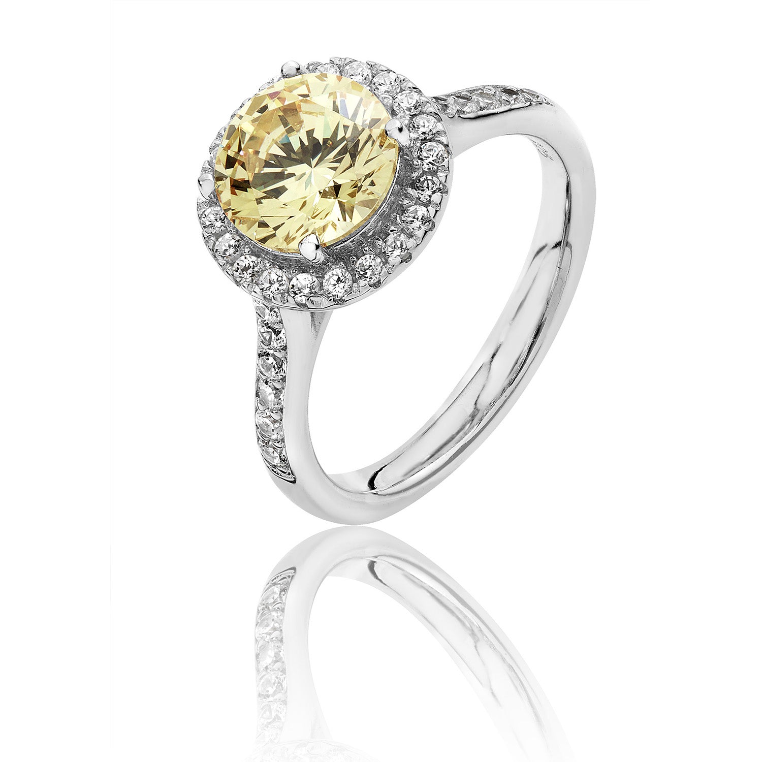 SILVER HALO YELLOW ROUND CZ CLAW SET RING