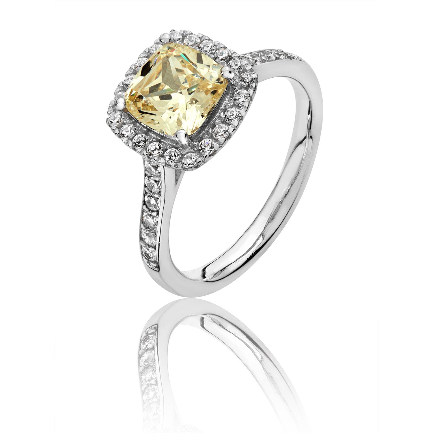 SILVER HALO YELLOW CUSHION CZ CLAW SET RING
