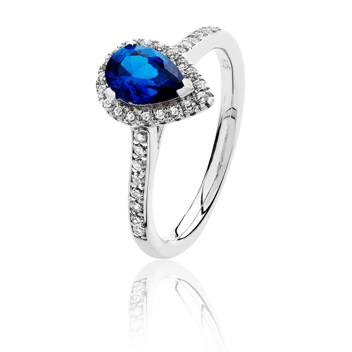 SILVER HALO BLUE PEAR SHAPE CZ CLAW SET RING