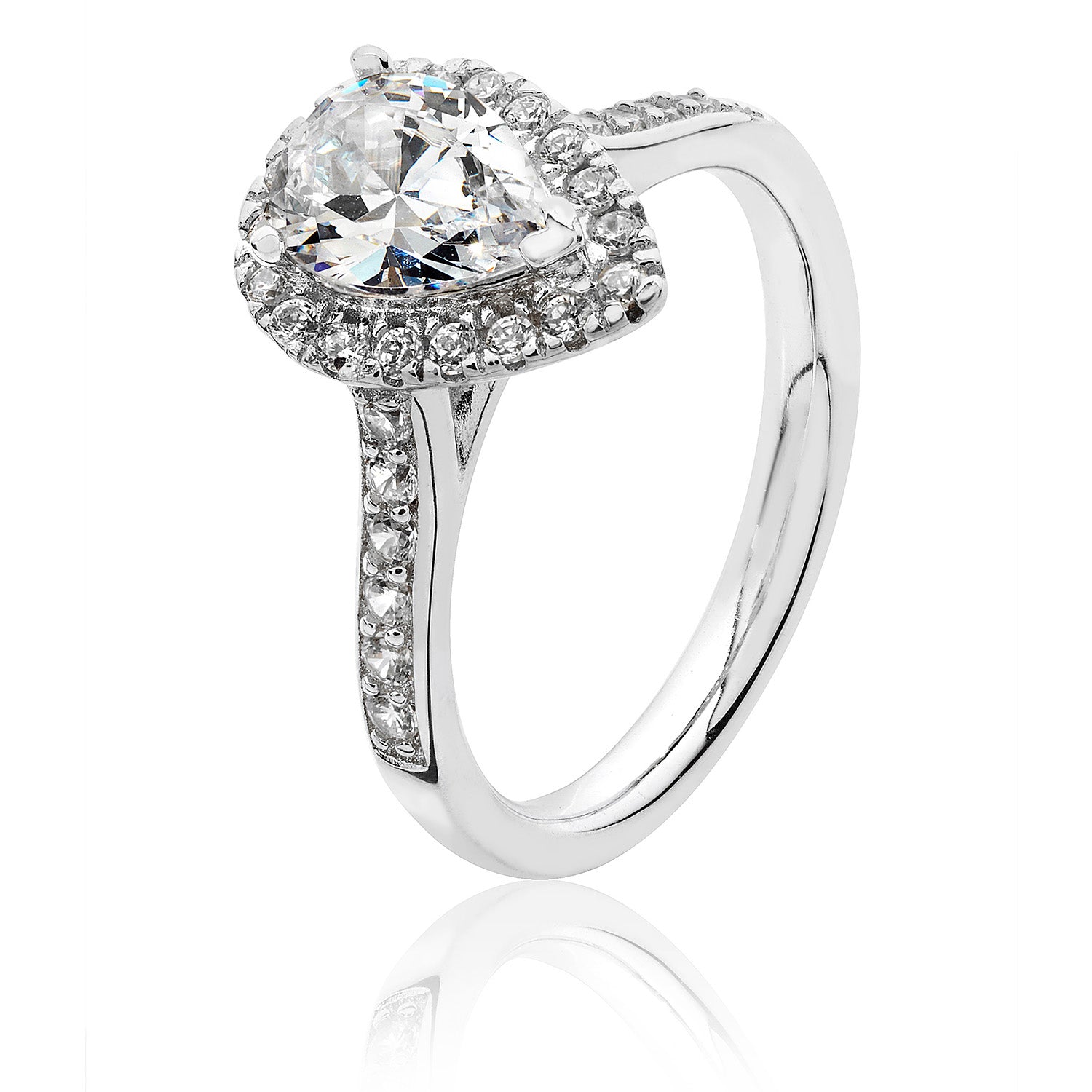 SILVER HALO PEAR SHAPE CZ CLAW SET RING