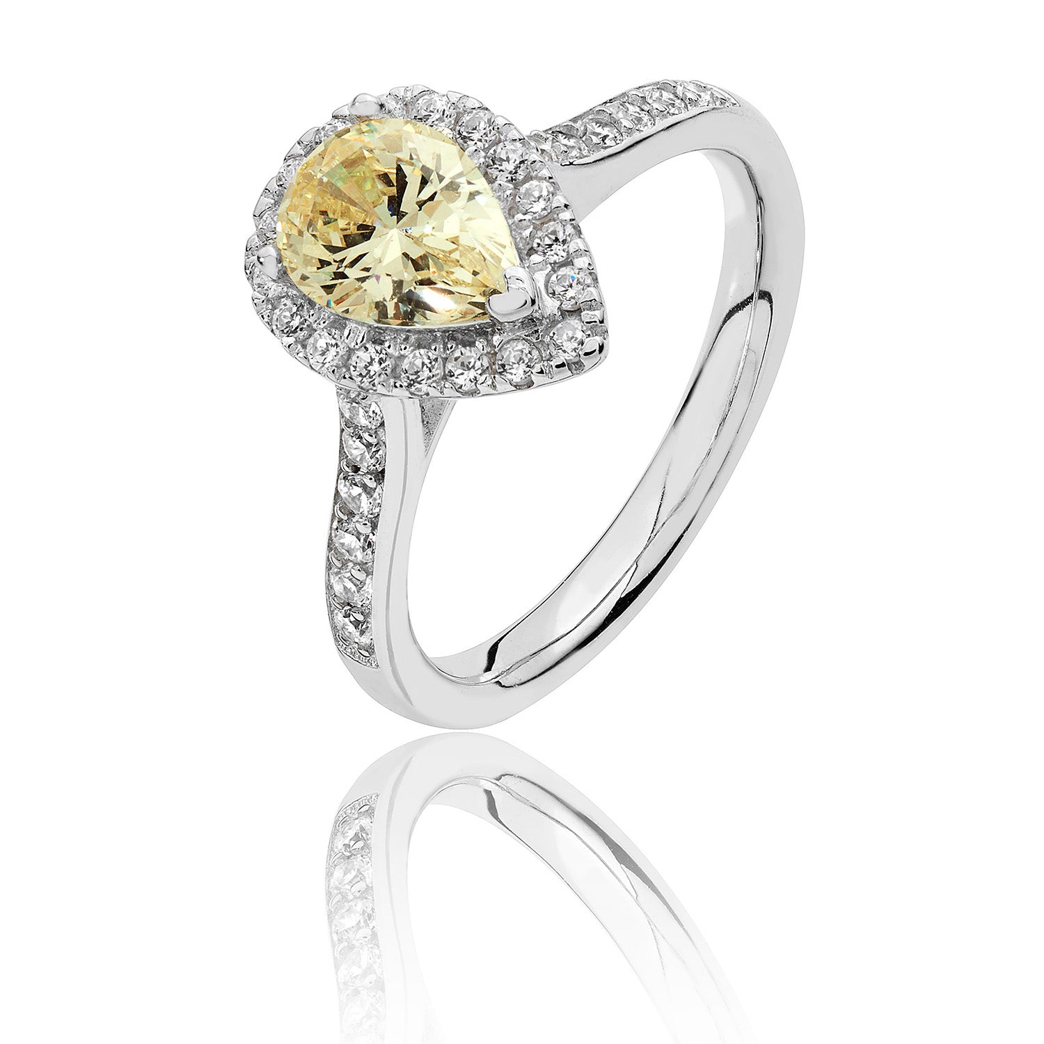 SILVER HALO YELLOW PEAR SHAPE CZ CLAW SET RING