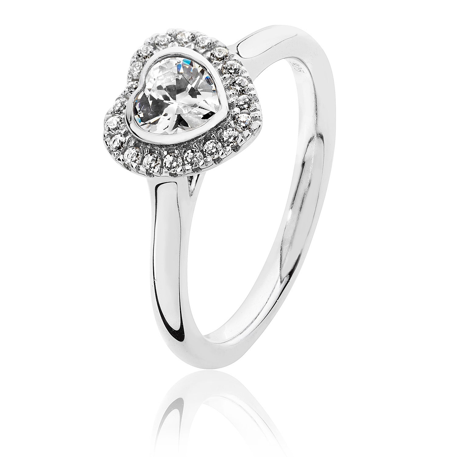 SILVER HALO HEART SHAPE CZ BEZEL SET RING