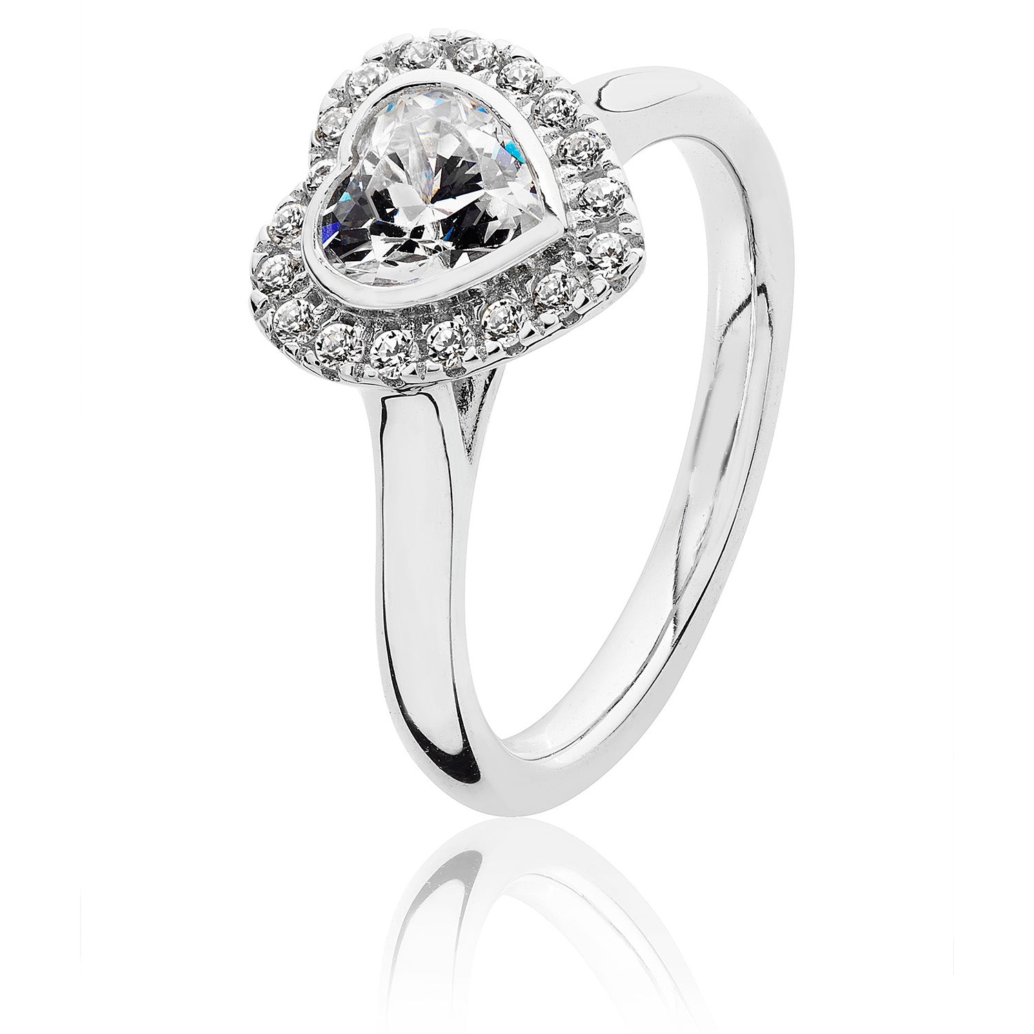 SILVER HALO HEART SHAPE CZ BEZEL SET RING