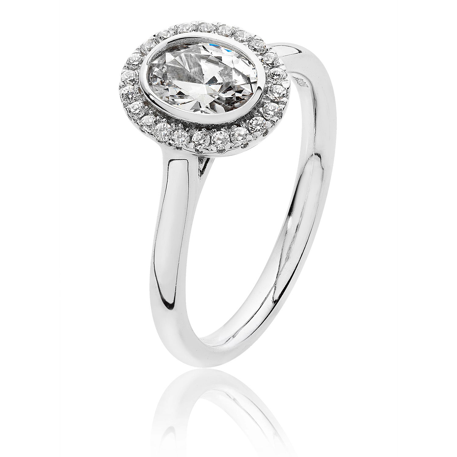 SILVER HALO OVAL CZ BEZEL SET RING