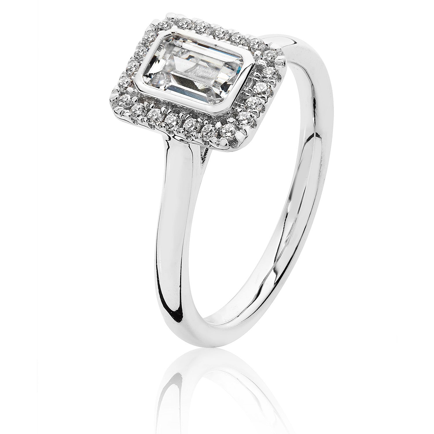 SILVER HALO EMERALD CUT CZ BEZEL SET RING
