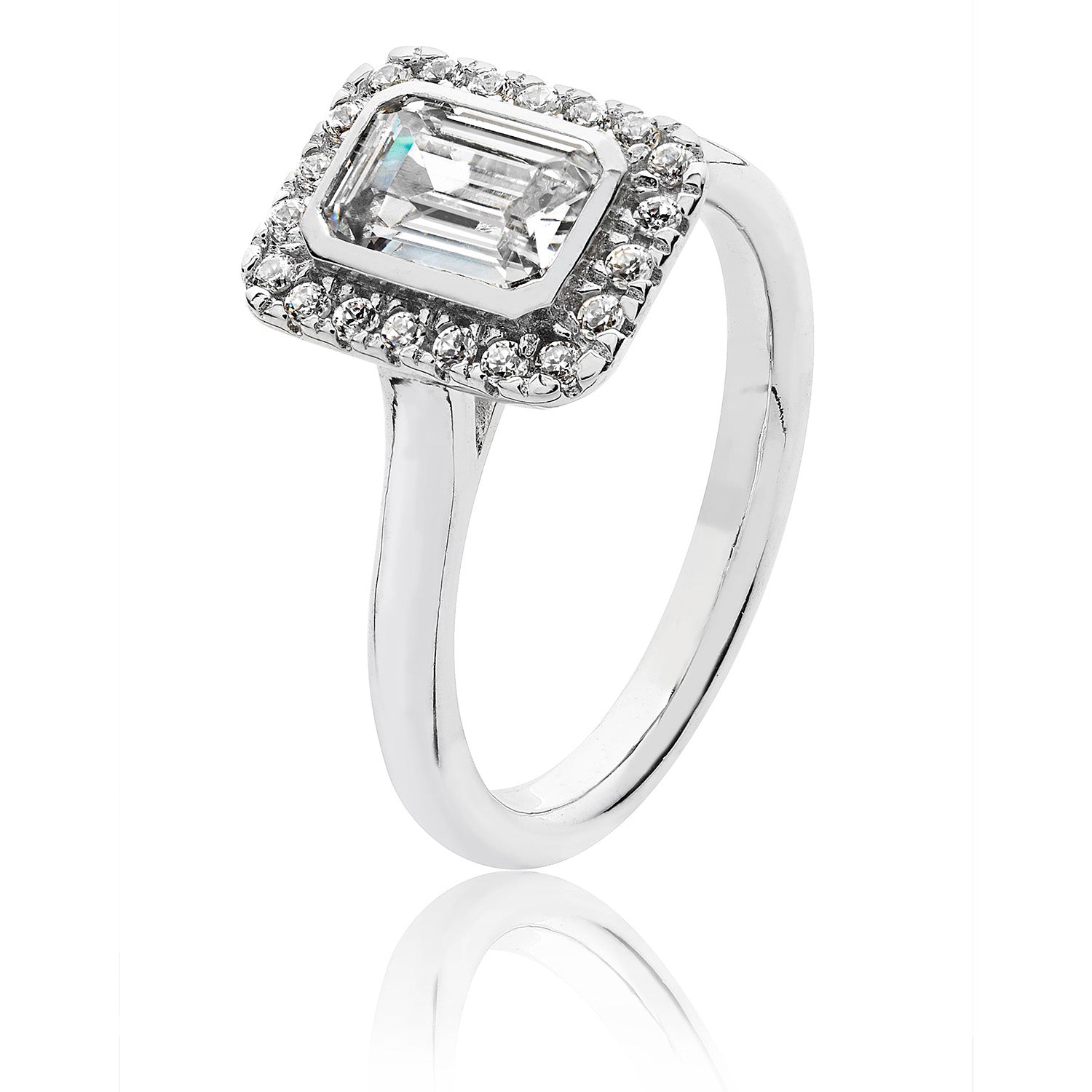 SILVER HALO EMERALD CUT CZ BEZEL SET RING