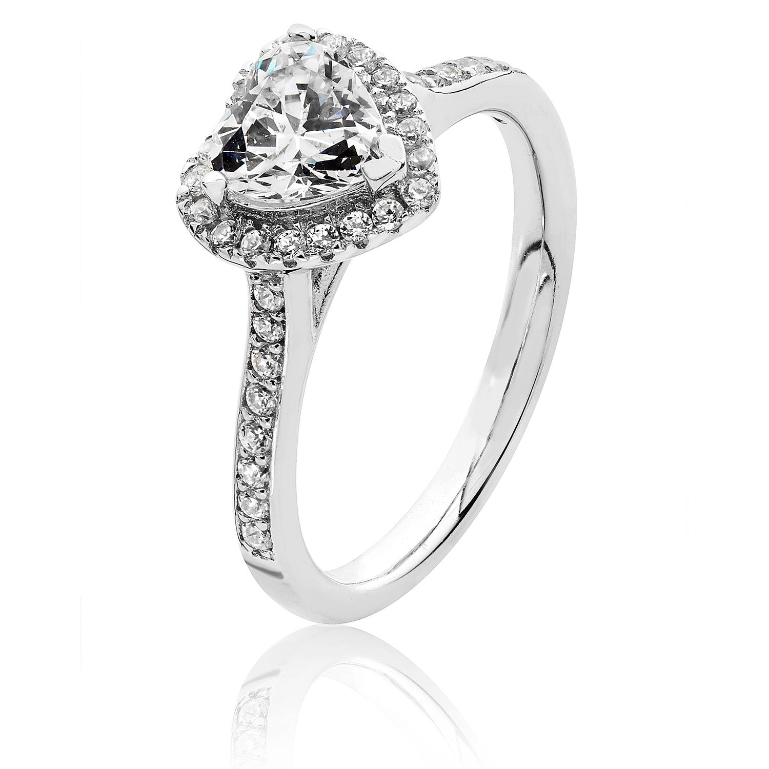 SILVER HALO HEART SHAPE CZ CLAW SET RING
