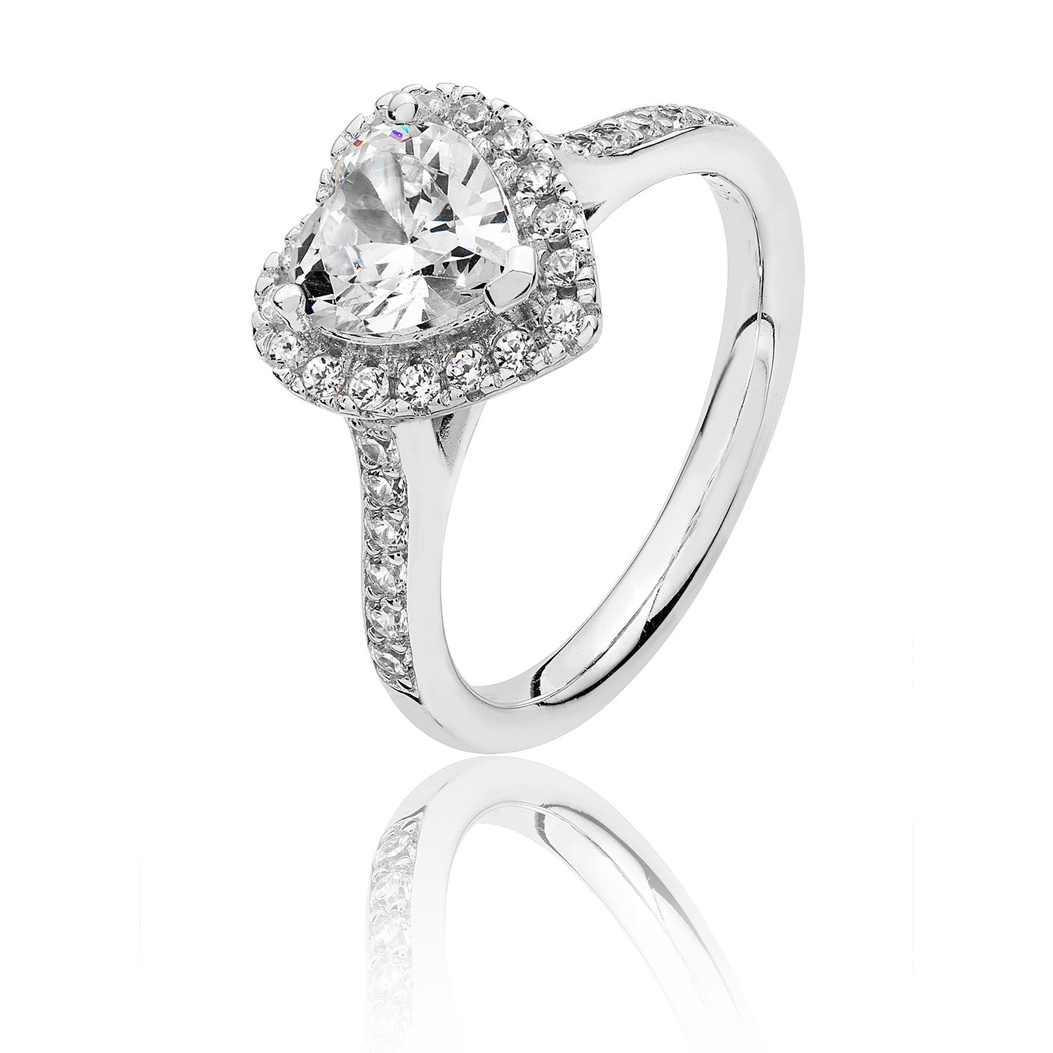 SILVER HALO HEART SHAPE CZ CLAW SET RING