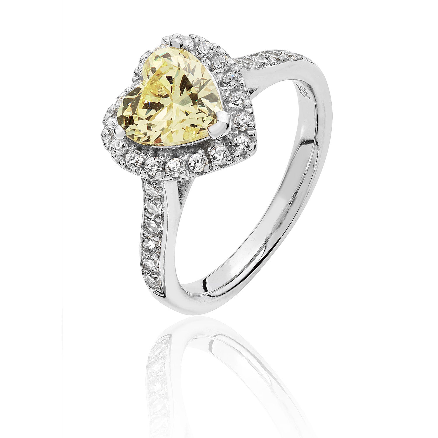 SILVER HALO YELLOW HEART SHAPE CZ CLAW SET RING