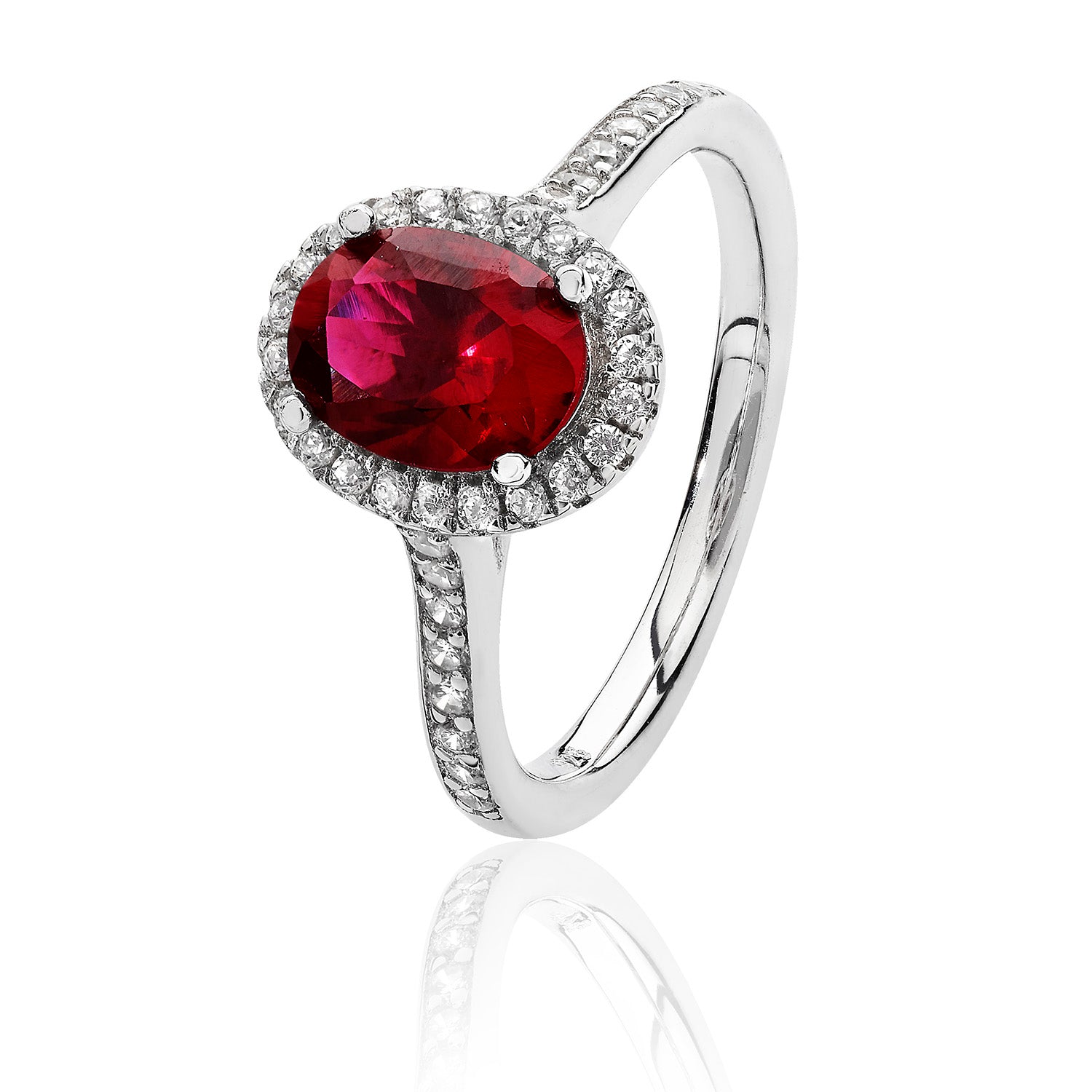 SILVER HALO RED OVAL CZ CLAW SET RING