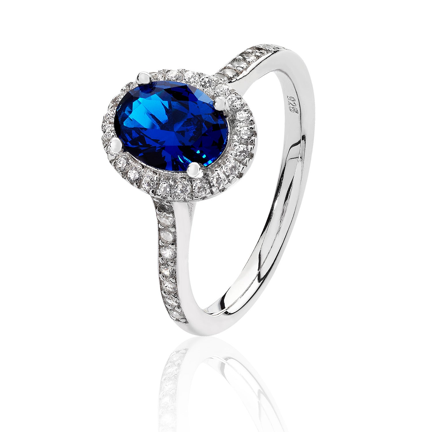 SILVER HALO BLUE OVAL CZ CLAW SET RING