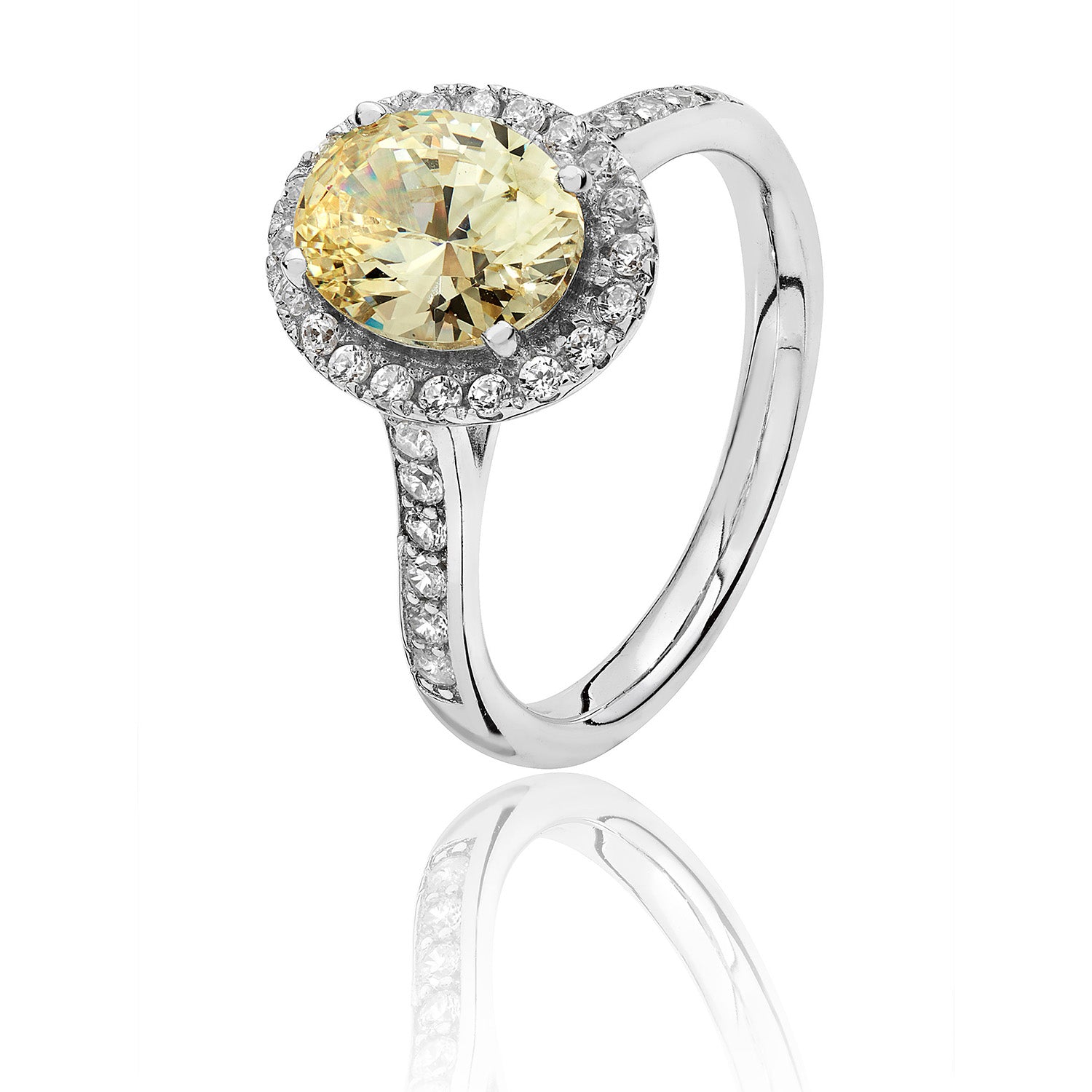 SILVER HALO YELLOW OVAL CZ CLAW SET RING