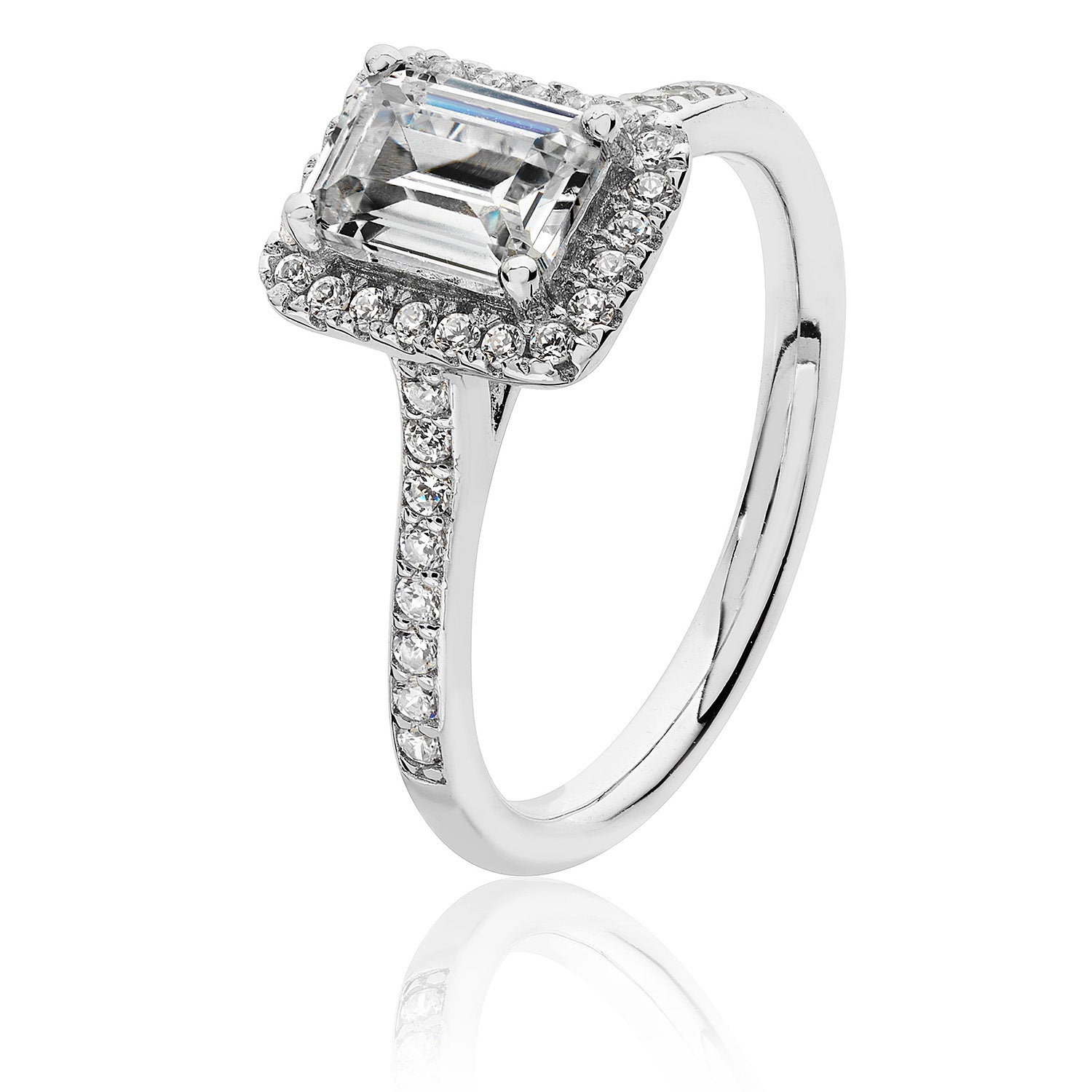 SILVER HALO EMERALD CUT CZ CLAW SET RING