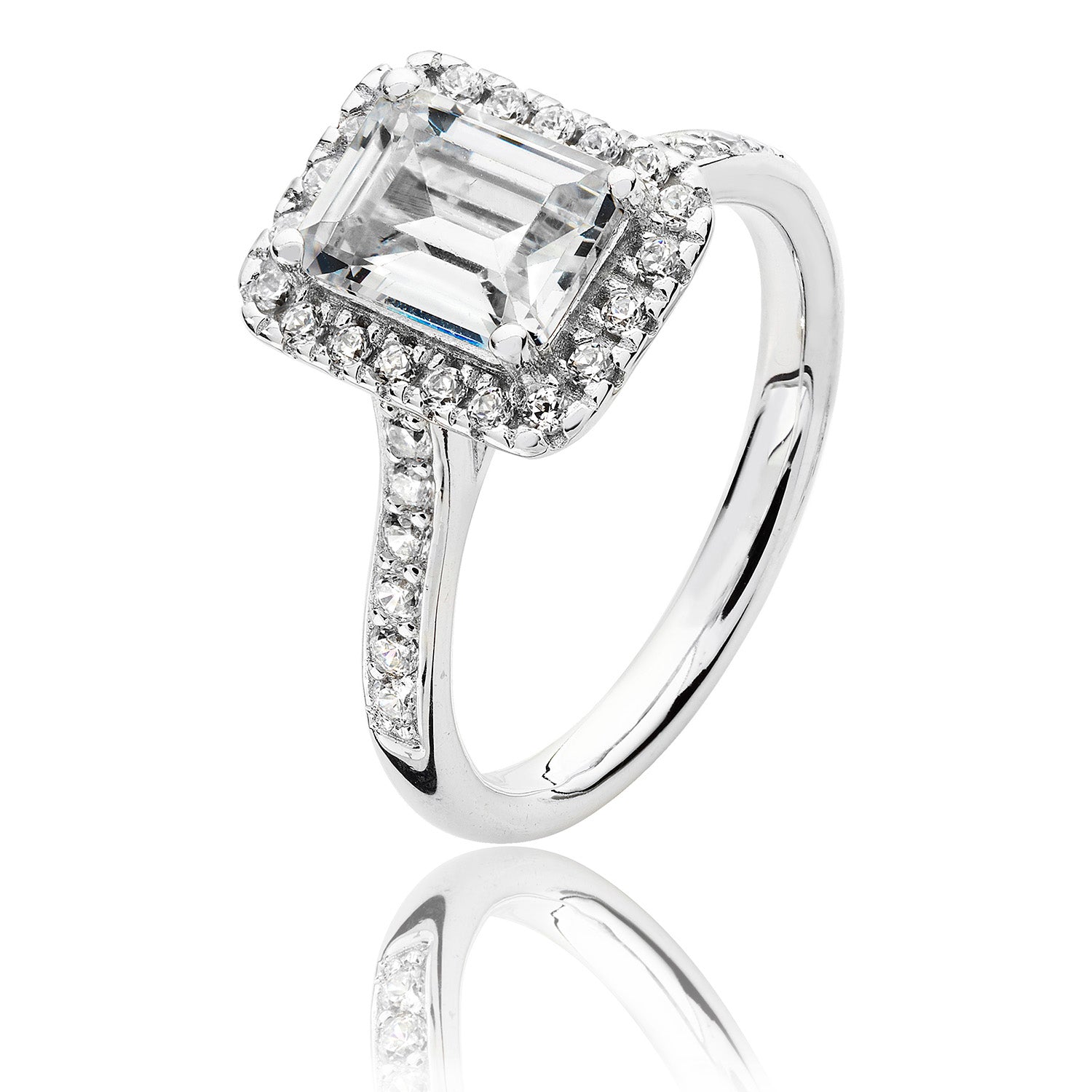 SILVER HALO EMERALD CUT CZ CLAW SET RING