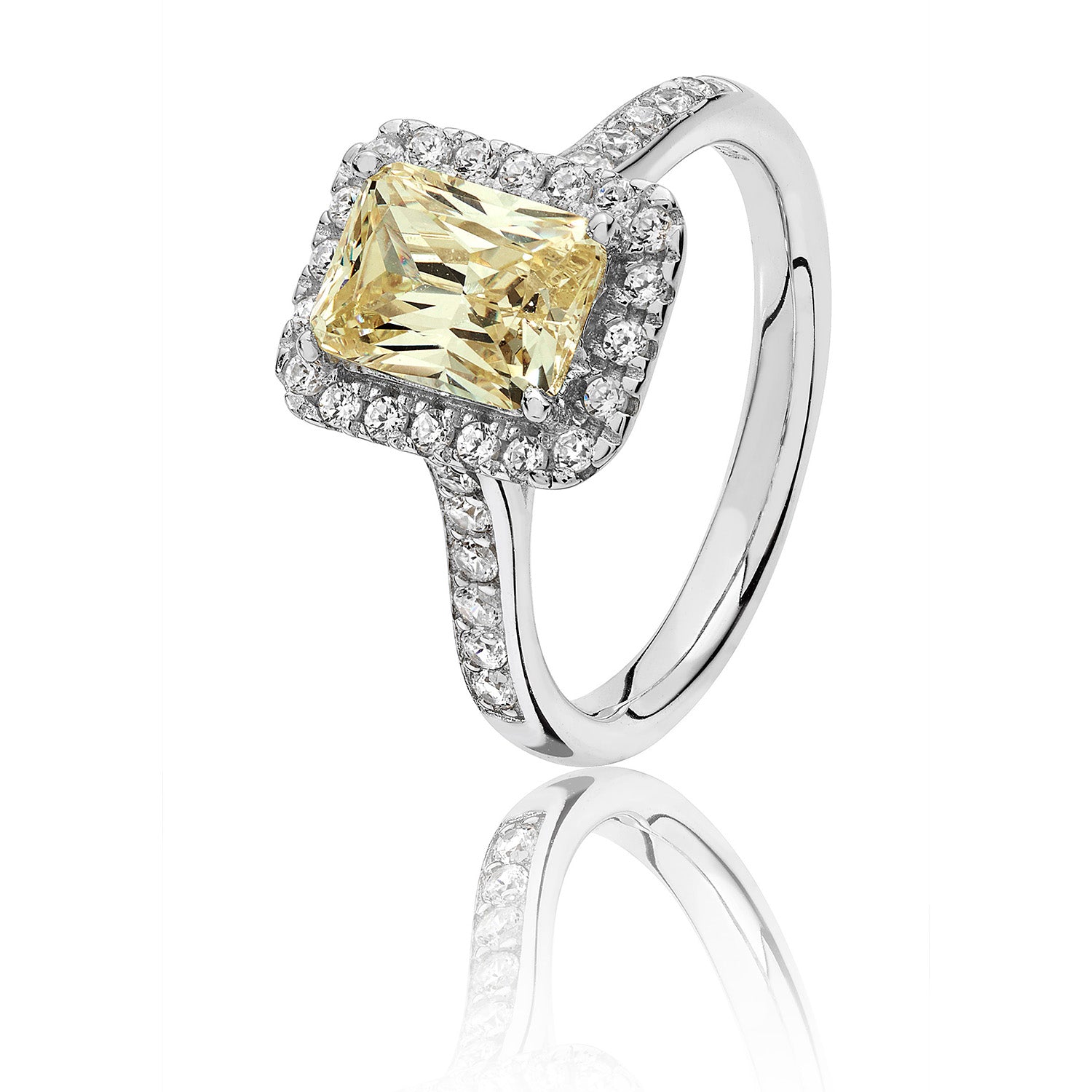 SILVER HALO YELLOW EMERALD CUT CZ CLAW SET RING