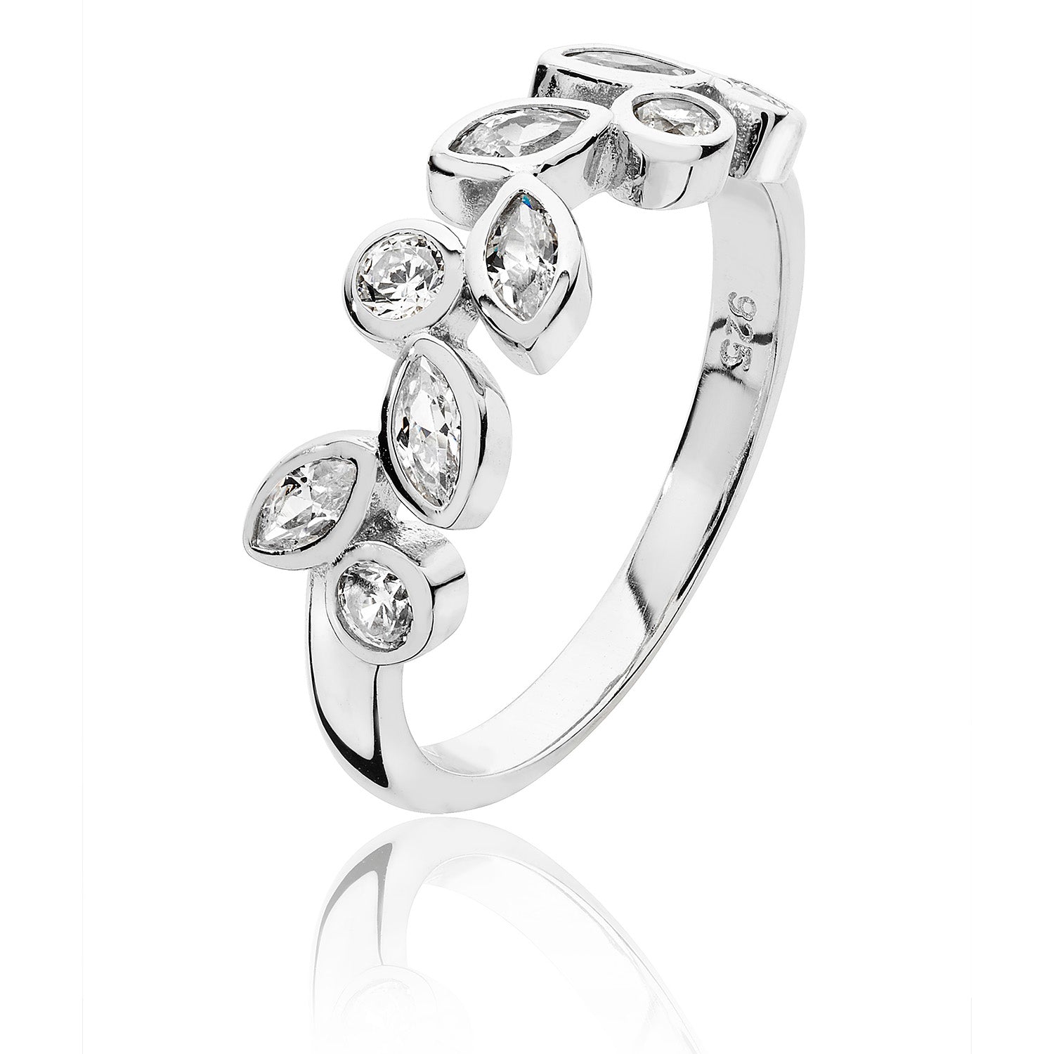 SILVER MARQUISE AND ROUND CZ LEAF RING